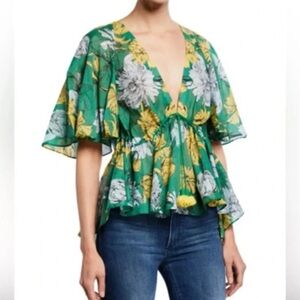 ALEXIS DAYAL FLORAL PRINT SHORT SLEEVE HIGH LOW PEPLUM TOP GREEN YELLOW $338 XS